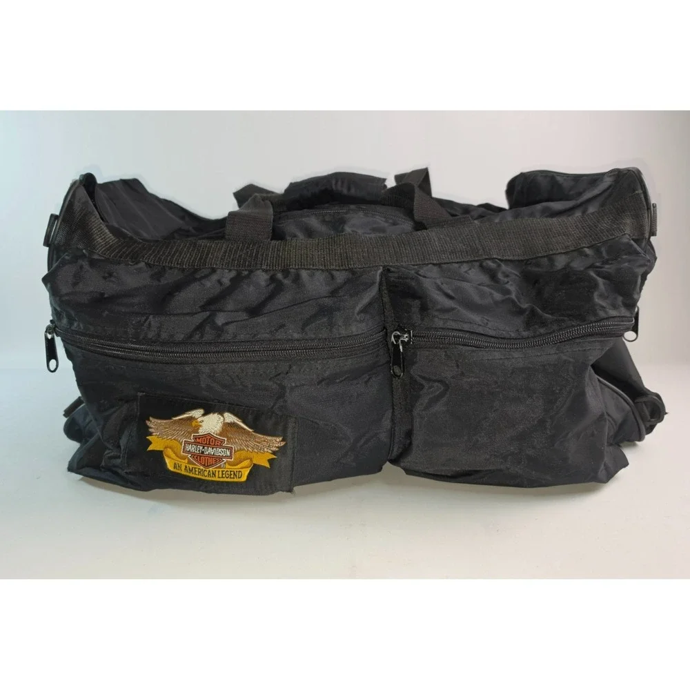 VTG Harley-Davidson Black Duffel Bag Embroidered Logo Motorcycle Travel‎ Pockets
